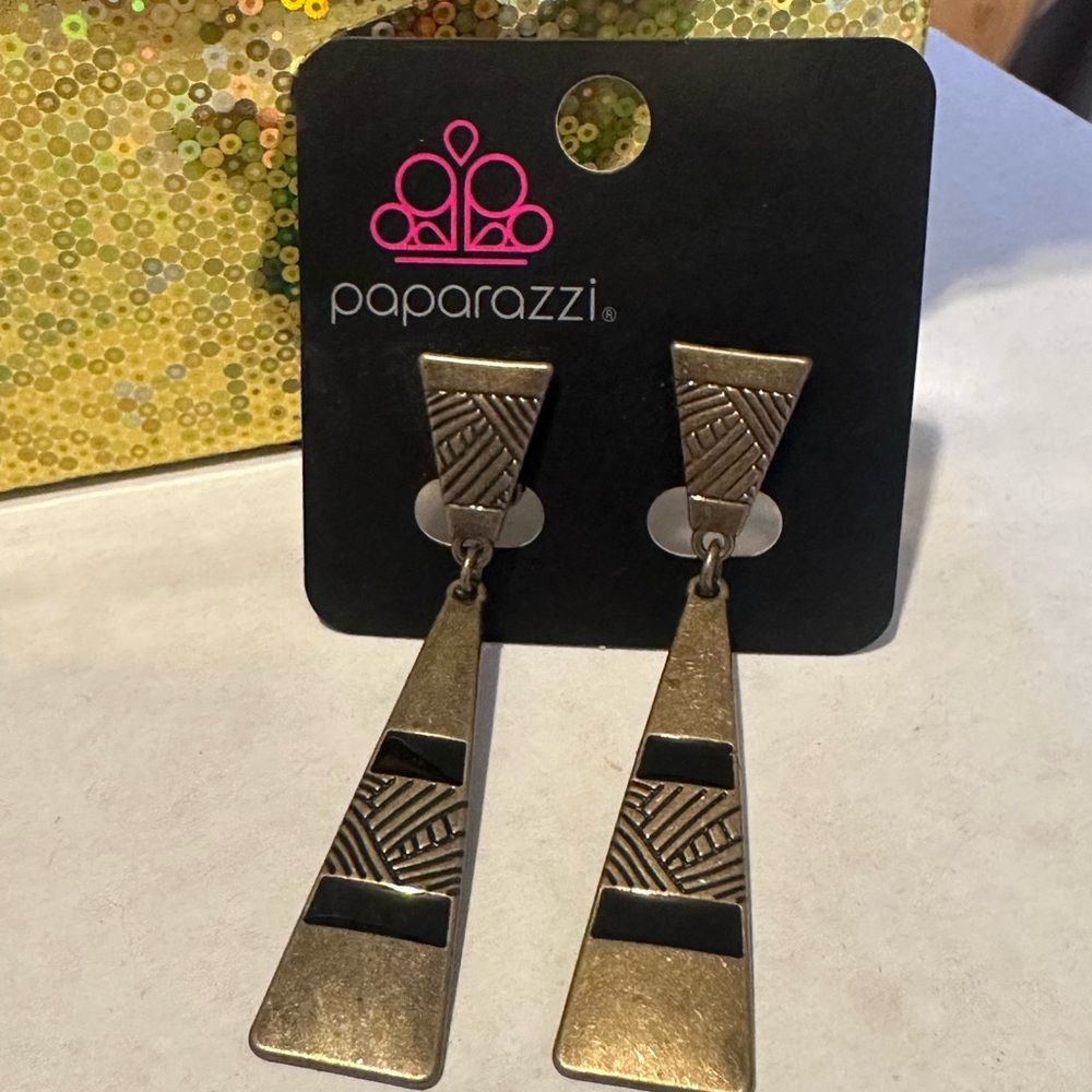 Paparazzi Gold and Black Geometric Clip On Earrings